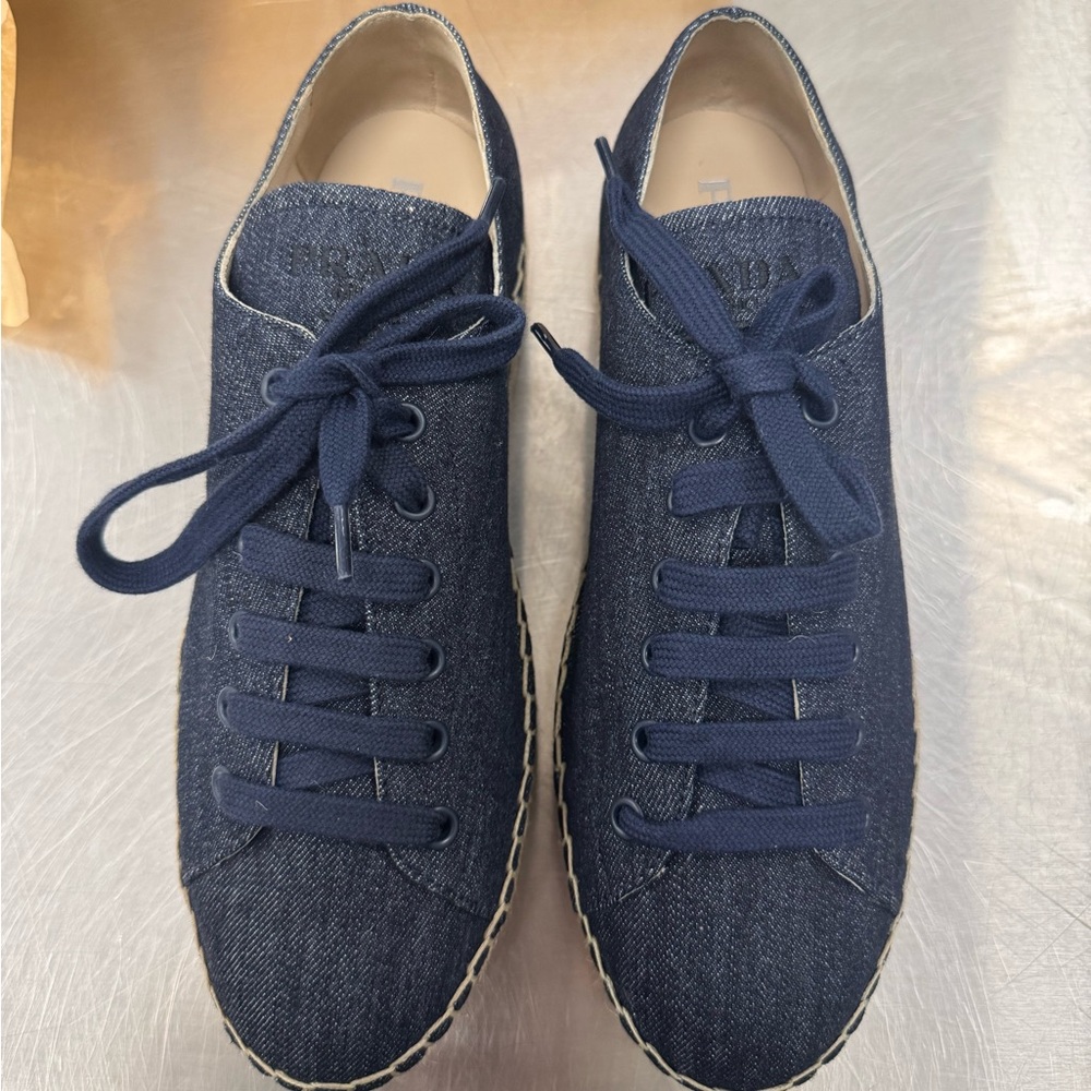 BRAND NEW W TAGS AND BOX Prada denim lace up espadrille lace up sneakers size 38